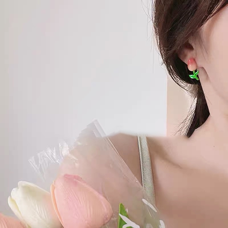 YEEZII Anting Stud Bentuk Daun Tulip Warna Pink Untuk Wanita