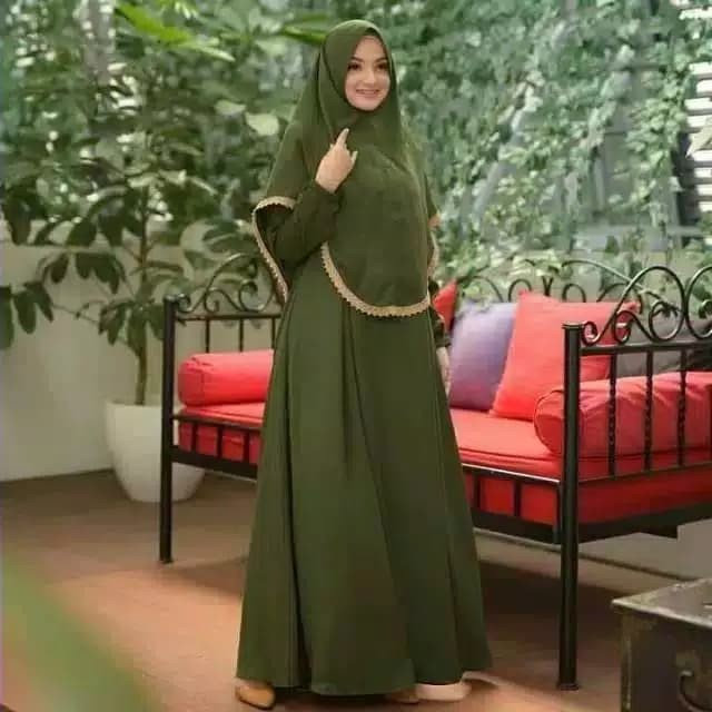(PROMO) Gamis Syari Wanita Set Muslimah Dress Cewek Jubah Busana Muslim Modis - Army, L