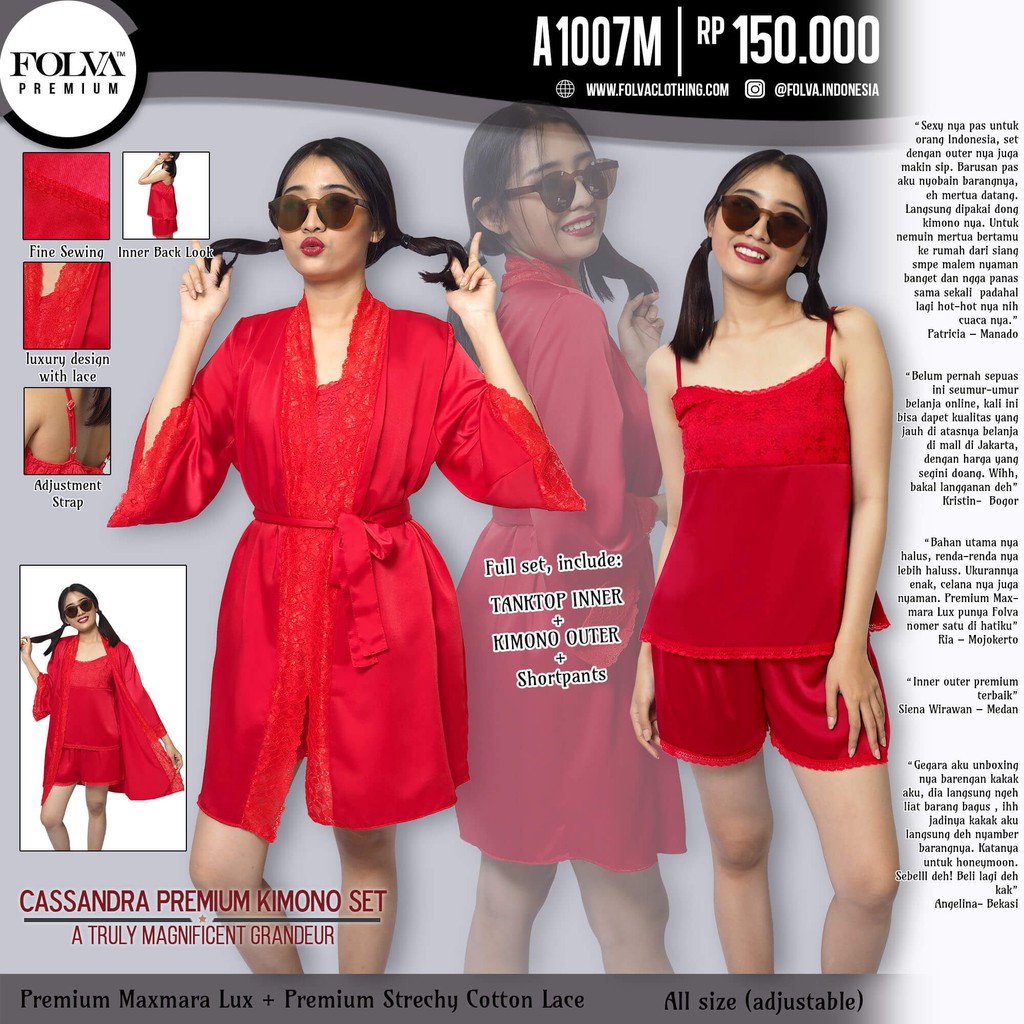 Set baju  tidur Kimono dengan  Celana  Pendek Maxmara Merah 