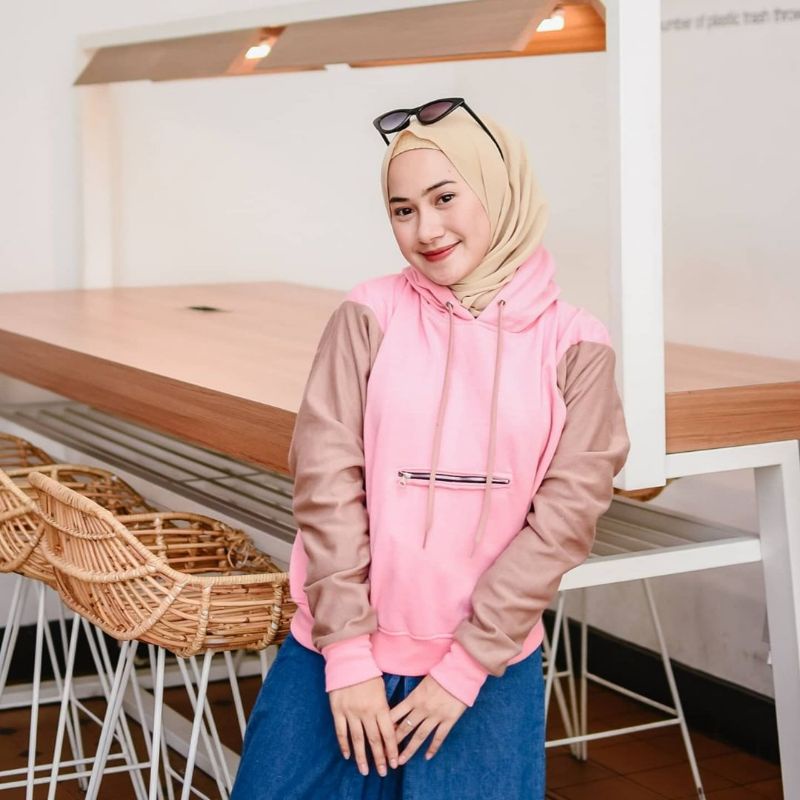 HOODIE DEWASA WANITA  ALYA KANTONG ZIPPER PINK MOCHA OVERSIZE