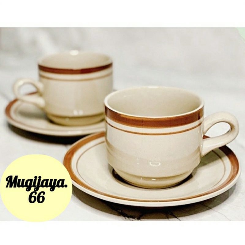 Termurah Cangkir Keramik / gelas keramik set 6 pcs + tatakan merk lucky-list coklat