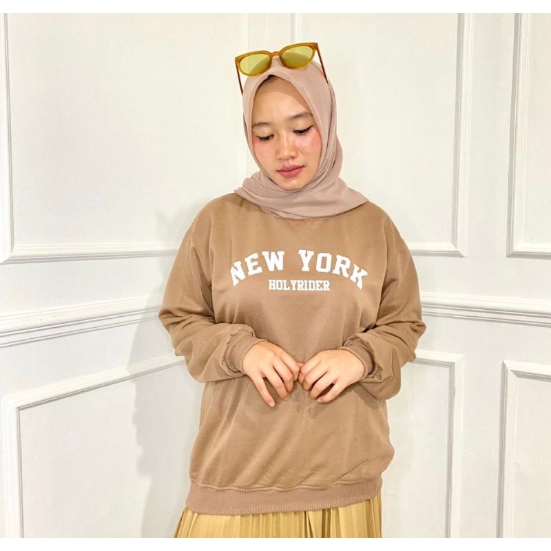 (READY BISA COD) CREWNECK SWEATER NEW YORK COKLAT COKSU size L fleece halus keren