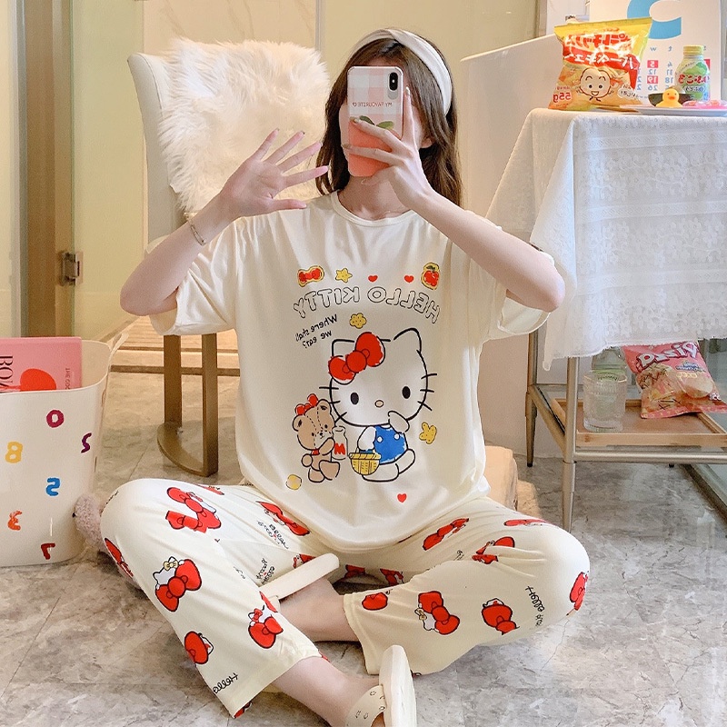 Setelan Piyama Lengan Pendek Baju Tidur Wanita Set Baju Tidur Wanita Dewasa Set Piyama Oversize-3