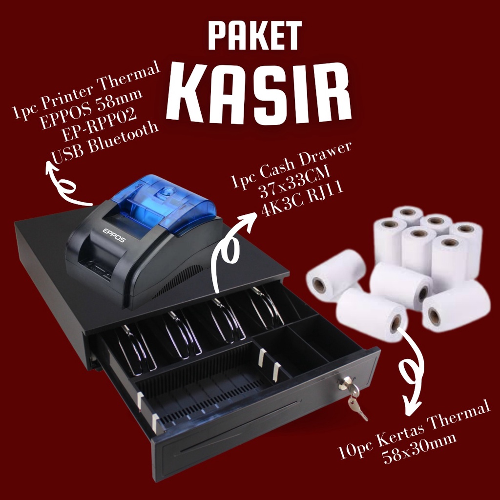 PROMO Paket Alat Kasir Untuk Warung, Minimarket dan SuperMarket (RPP02, CASH DRAWER, KERTAS THERMAL)