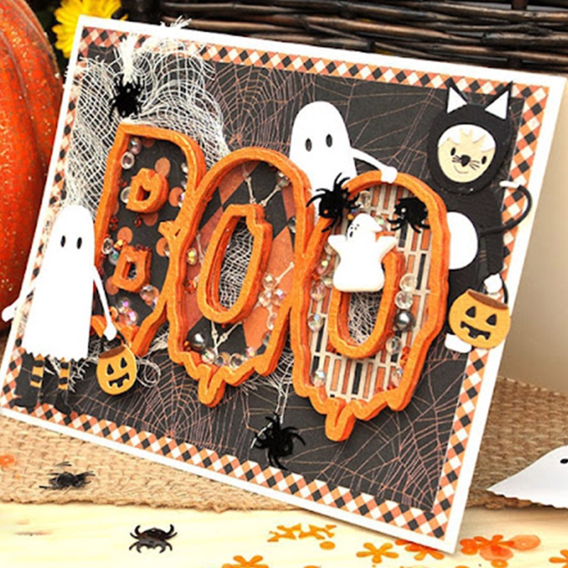 Zzz Cetakan Stensil Cutting Dies Motif BOO Halloween Bahan Metal Untuk Scrapbook / Craft Handmade