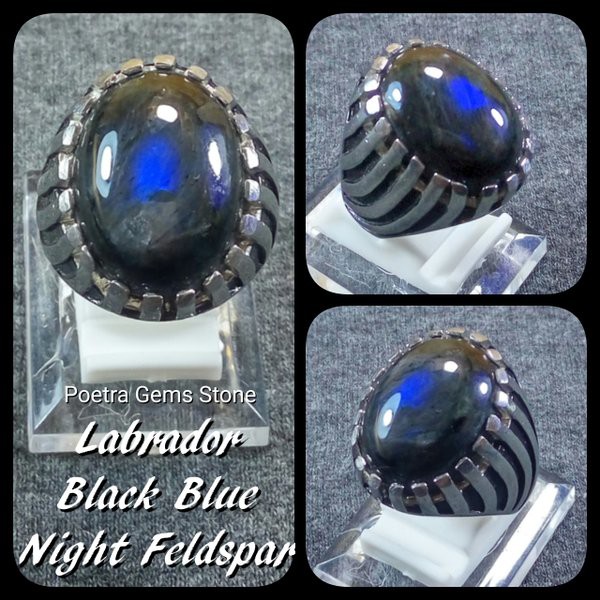 CINCIN LABRADOR BLACK BLUE NIGHT FELDSPAR BIRU SUPER GIWANG RING PLATINUM SUPER