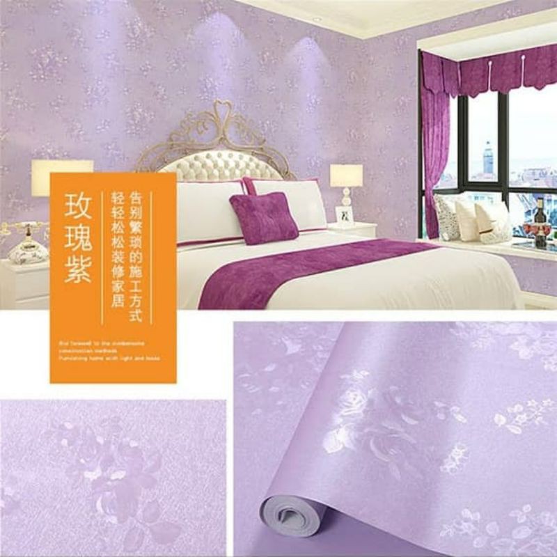 Wallpaper Sticker Dinding Ungu Polos Bertekstur Bunga