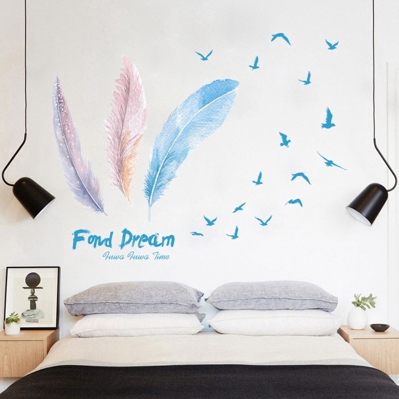 Romantic Colorful Feather Wall Stickers for Living Room Bedroom Decoration