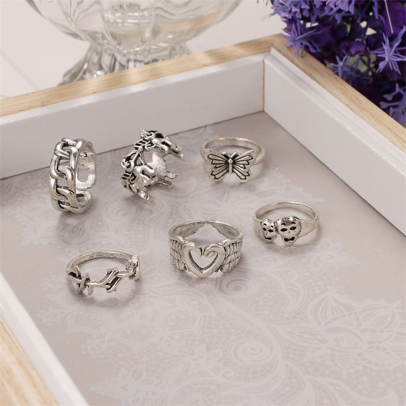 6 piece set opening adjustable personality ring skull exaggerated joint ring Cupid love butterfly ring For women