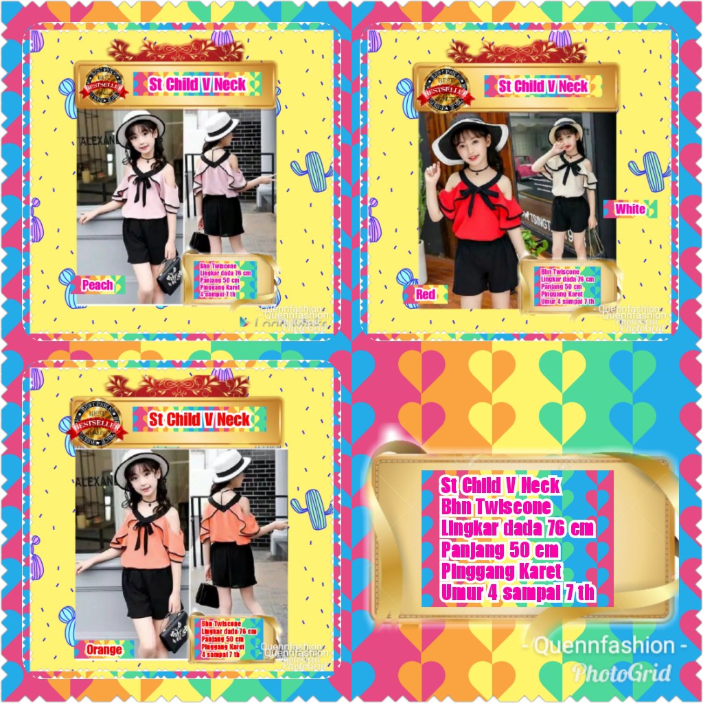 TERMURAH ST CHILD V NECK / PEACH / RED / WHITE / ORANGE / BAJU ANAK PEREMPUAN / TERPOPULER/TERMURAH