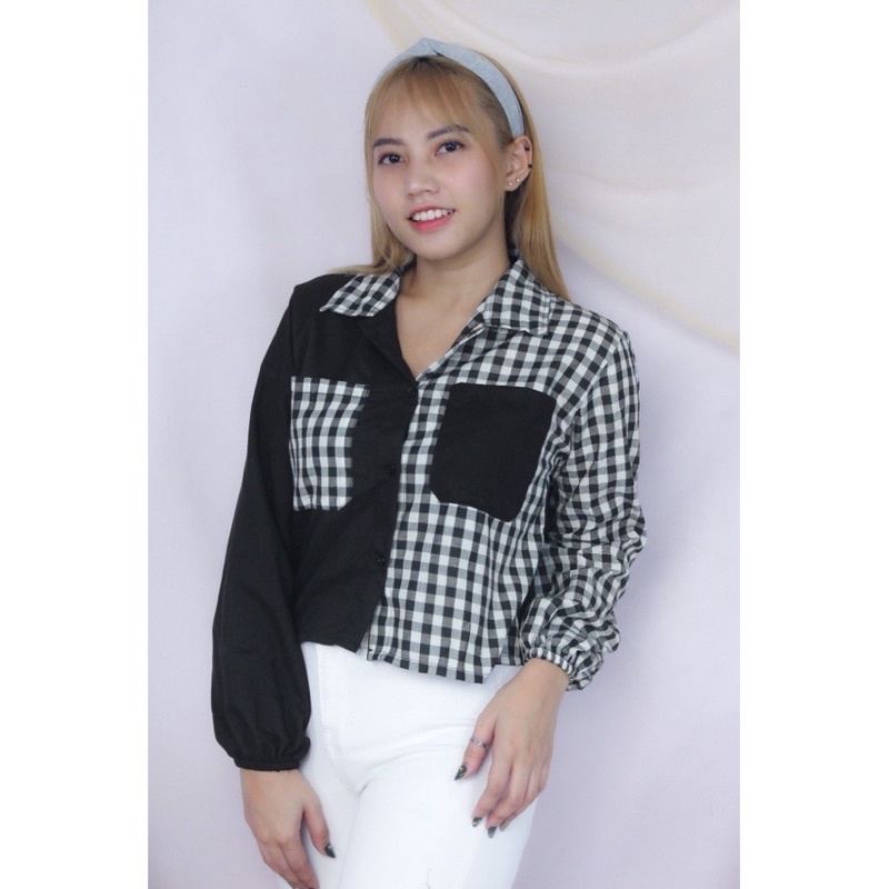 RD FASHION Mika Crop Top / KEMEJA CROP / kemeja TWO TONE / TARTAN KEMEJA CROP / TARTAN CROP-1CM HITAM