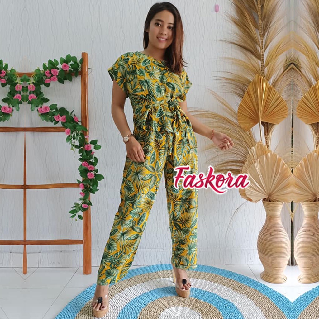 Piyama Rayon Jumbo Lengan Pendek One Set Wanita Kekinian Remaja Pajamas Polos Kombinasi Auristela-Daun Kuning