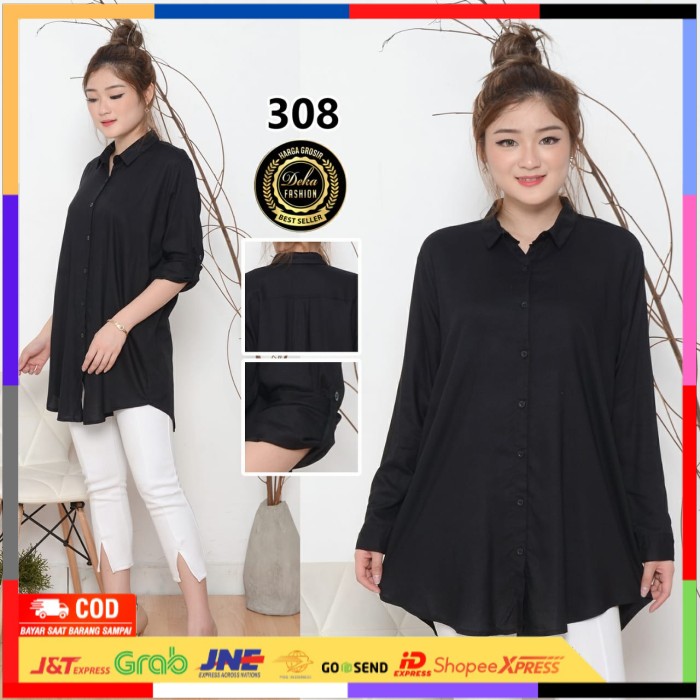 ✨ BISA COD ✨ kemeja tunik polos lengan sekoder #308# - Hitam