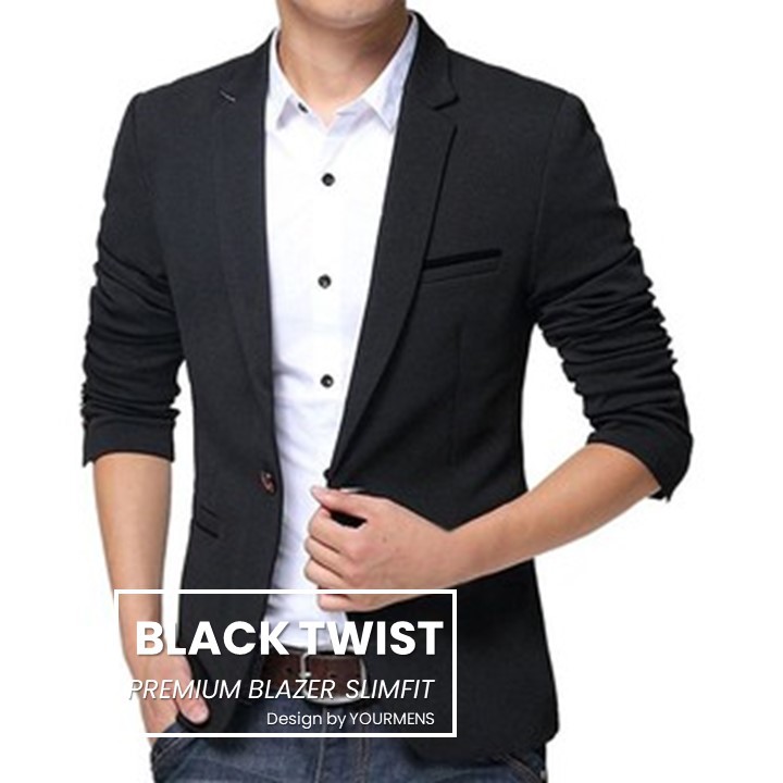 BLAZER PRIA SLIMIT PREMIUM BLACK TWIST SINGLE BUTTON CASUAL SUIT MEN ORIGINAL NIKAYU