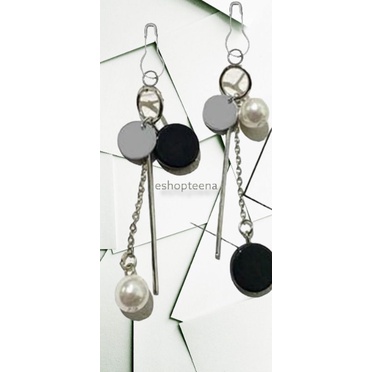 A58 anting hijab bulat juntai black silver_anting jilbab