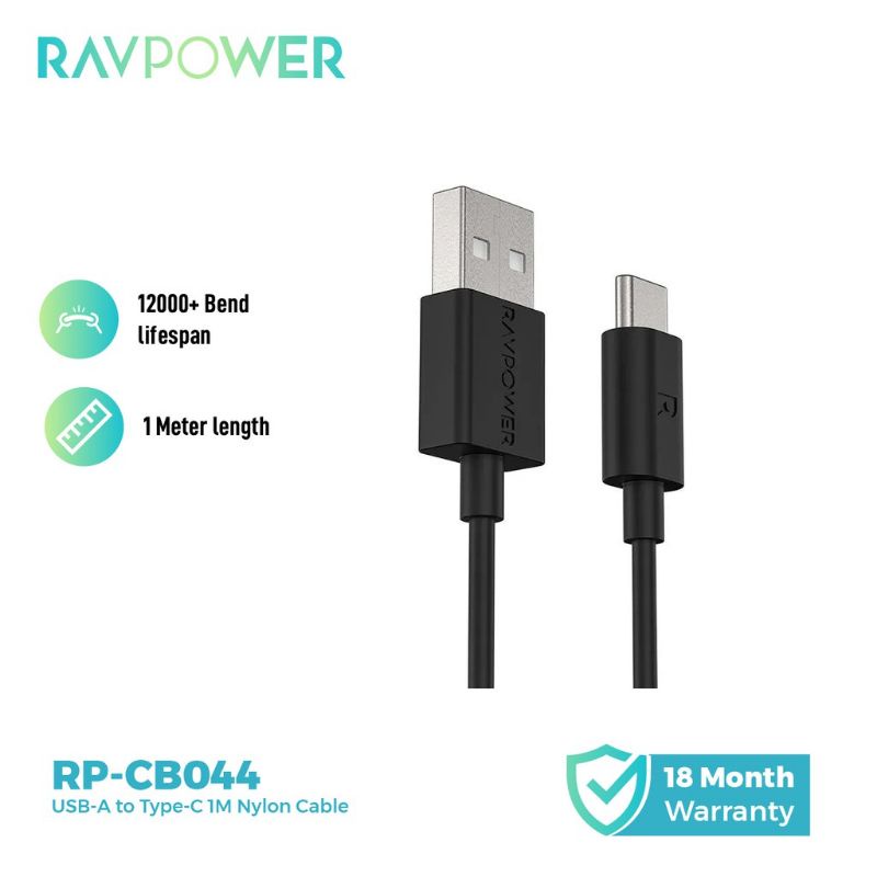 RAVpower 1.0m USB A to Type-C Nylon Cable Black [RP-CB044]