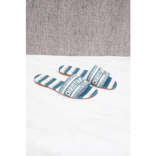 Preloved Christian Dior Dway D-Stripes Embroidered Mules in Deep Ocean Blue
