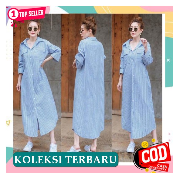 Jangan Ketinggalan Order.. Dress Hitam Import Enzisme Hitam Korean Dre Maxi Salur Rona - Biru
