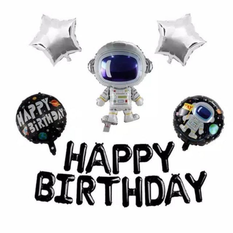 Set paket balon dekorasi ulang tahun anak tema astronot galaxy HBD Set HITAM