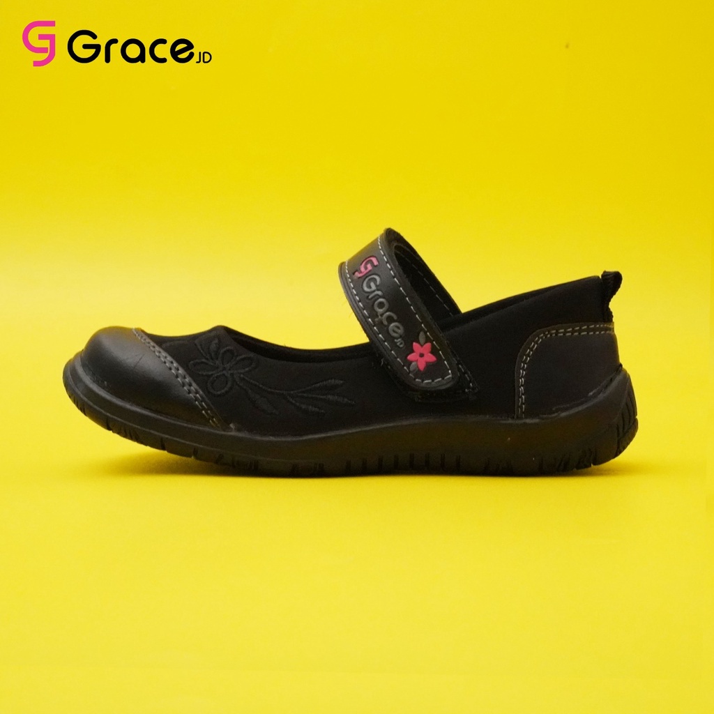 GRACE [HNB 01] 26-35/ Sepatu Sekolah Anak Cewek Perempuan Hitam/ Sepatu Flat Tali Perekat Bunga