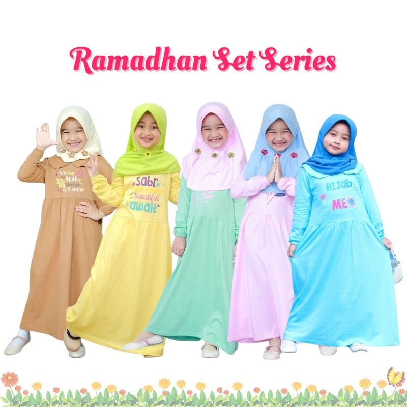 DRESS BAJU MUSLIM ANAK PEREMPUAN GAMIS SET JILBAB HIJAB RAMADHAN SERIES UPRIGHT USIA 6-12 TAHUN