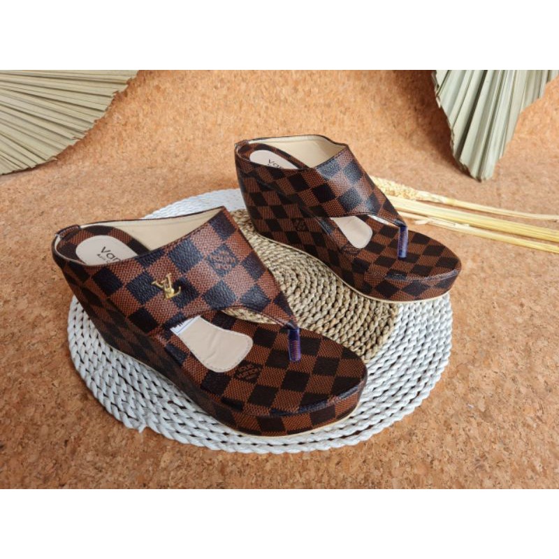 ABBUSHOES PH 05 Sandal Wedges Wanita Motif Catur 7cm