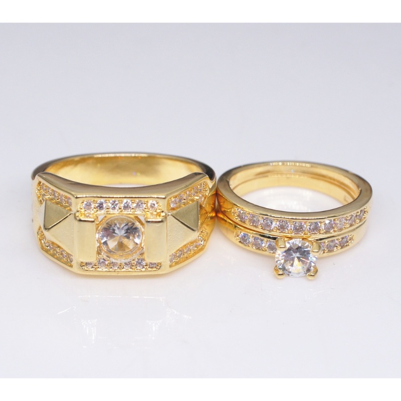 Goldkingdom Perhiasan Fashion Aksesoris Bangkok Emas Asli Kadar 375 Ready Stock Set Cincin Pasangan Lapis Emas Dengan Zircon Untuk Pria Dan Wanita