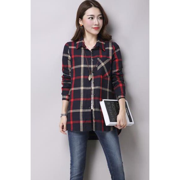 YUK BELI KEMEJA WANITA BURBERRY FLANEL COTTON KERAH PAKAIAN KERJA FASHION GAYA KEBURU HABIS..