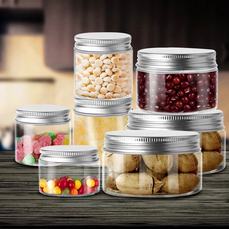 Aluminum Lid Round Food Storage Tank/ Transparent Plastic Storage Jars Container/ Clear Face Cream Sample Pot/ Kitchen Wide Mouth Refillable Bottles