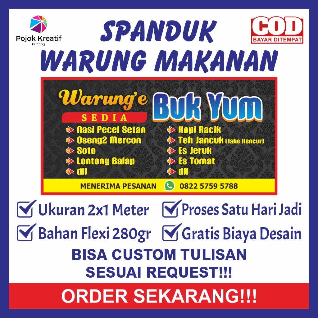 Spanduk Sepanduk Bener Baner Banner Backdrop Promosi Plang Warung Warkop Warteg Makanan Pecel Ukuran