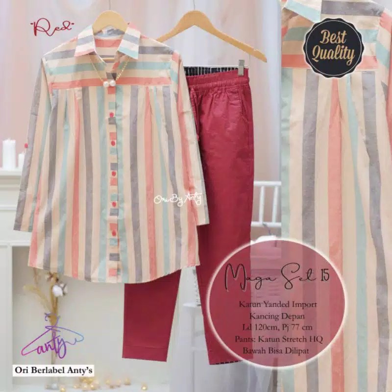 Setelan Celana Kemeja Garis Jumbo Wanita Big Size LD 120 NAVITA SET // MAGA SET by MUMUFASHION
