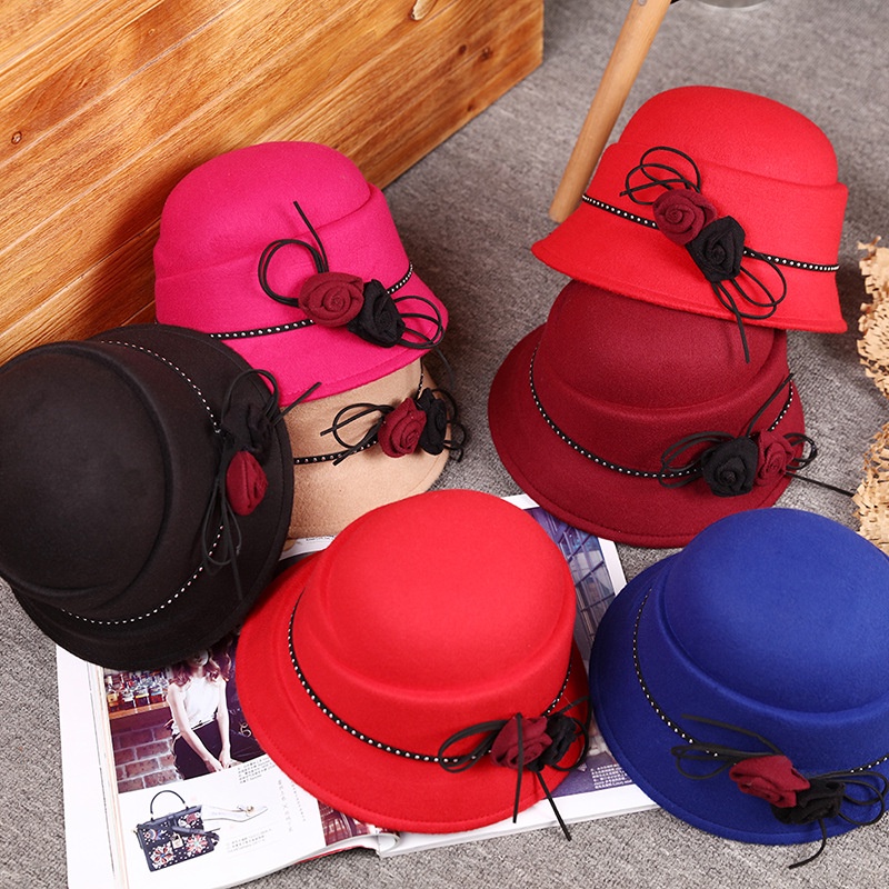 Topi Pesta Santai Fashion Wanita Korea Wol Bentuk Mewah Rhinestone Elegan Cap Tahan Hangat Bowler Ha