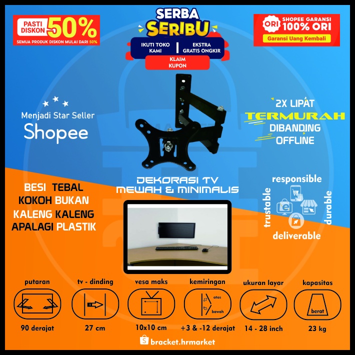 Bracket Tv Monitor 24 19 21 17 Inch Braket Tv Monitor 28 - 14 Inci Bisa 4 Arah Breket Tv Monitor Kuat Tebal SWK 2 Lengan