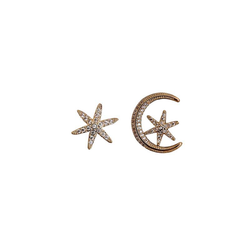 Bulan Bintang asimetris stud anting sterling anting-anting perak needle 2020 baru trendi Korea Seder