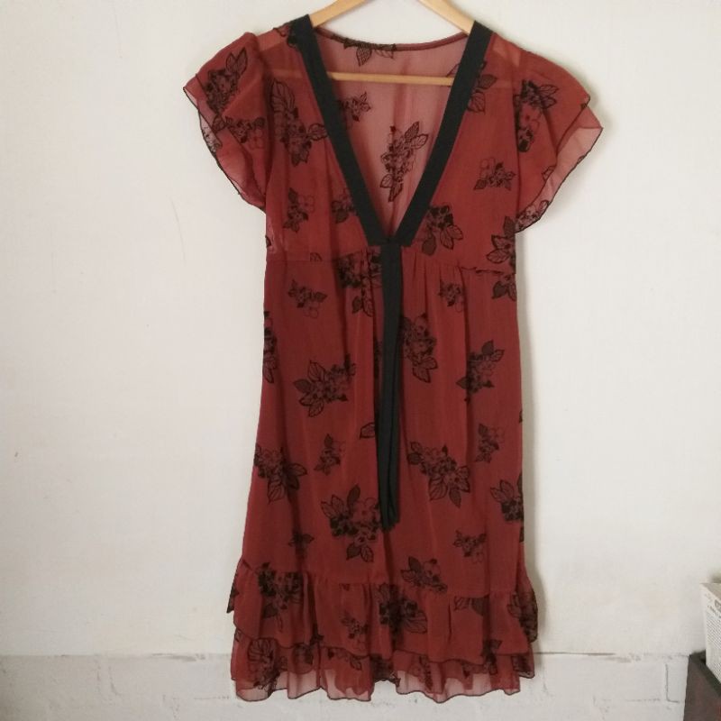 [PL] Dress Motif Bunga Warna Coklat Bata