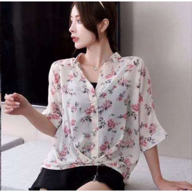 PREMIUM IMPORT TC0751 Fairy Floral New Blouse sifon motif bunga vintage + inner Tanktop model oversi