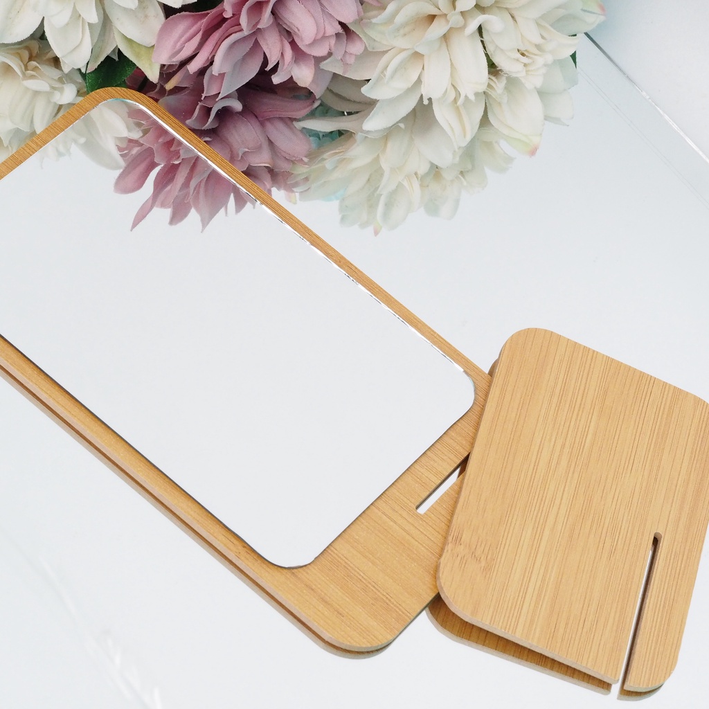 Cermin Persegi Oval Motif Kayu Kaca Make Up Cermin Rias Lipat Duduk Rakit Portable Makeup Beauty Mirror
