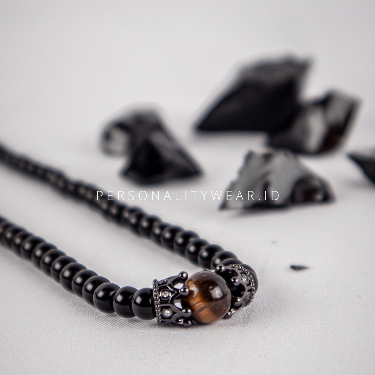 Kalung Pria Wanita Cowok Cewek Batu Akik Permata Kristal Black Onyx Hitam dan Tiger Eye ASLI Ori Keren Kekinian