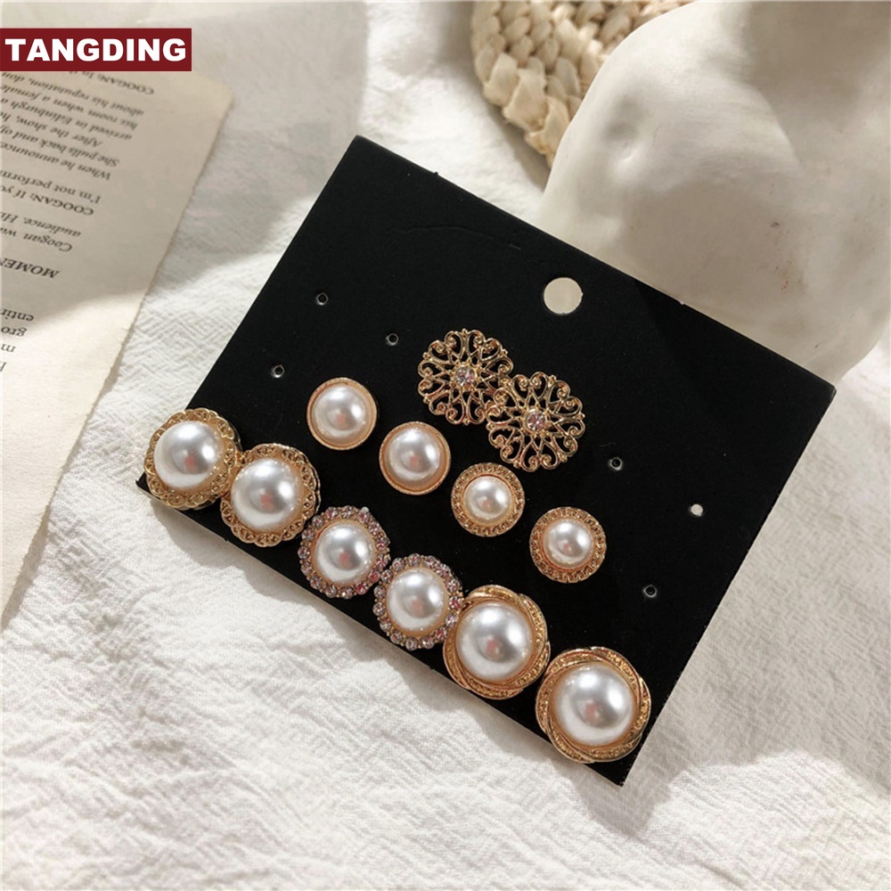 【COD Tangding】6 Pairs Simple Retro Fashion Temperament Ear Stud Fashion Pearl Earrings Set Jewelry Women Accessories