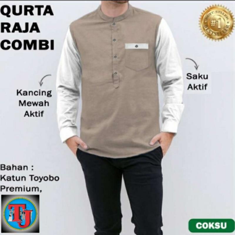 Baju Koko Pria Arzun Terlaris/ Baju Koko Modern Lengan Panjang Tj Baju Atasan Pria Muslim Koko Qurta Raja Motif Combi Terbaru - Cokelat, M