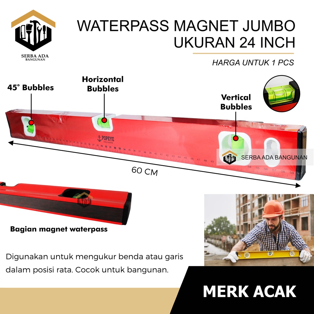 WATERPASS MAGNET JUMBO TEBAL ALUMUNIUM 60cm / 24INCH PENGGARIS UKUR KESEIMBANGAN KERATAAN  PRESISI