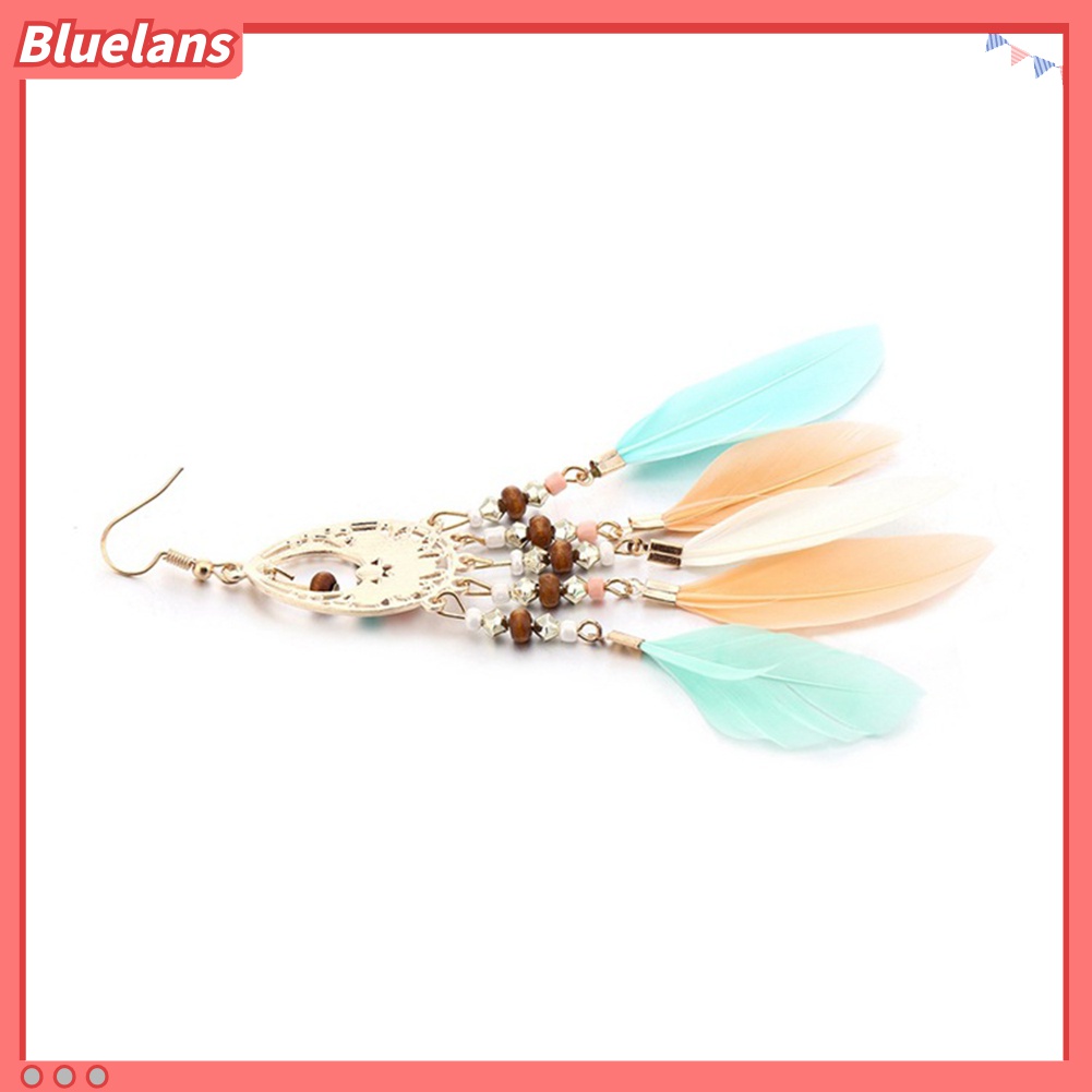 Anting Rumbai Bulu Manik-Manik Oval Warna-Warni Model Hollow Out Gaya Boho Untuk Wanita