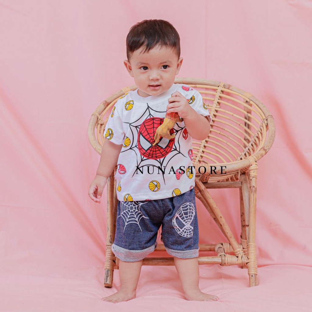 Baju Anak laki laki cowok Usia 3-12 Bulan S886 Motif Kartun Jaring Laba-Laba 02 L setelan dengan celana