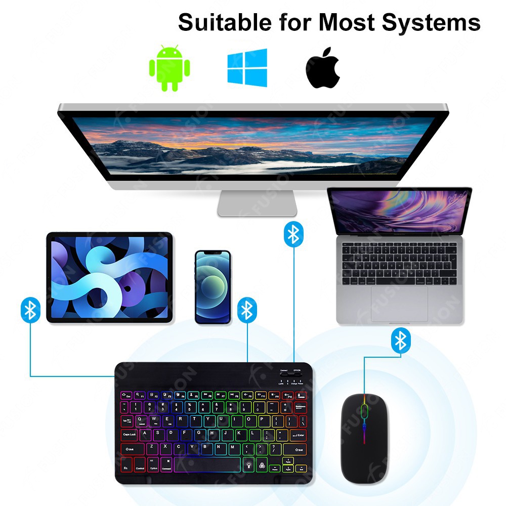 Fusion 10 Inch Backlit Backlight Wireless Keyboard And Mouse LED Colorful Bluetooth Keyboard For iPad Laptop Android iPhone