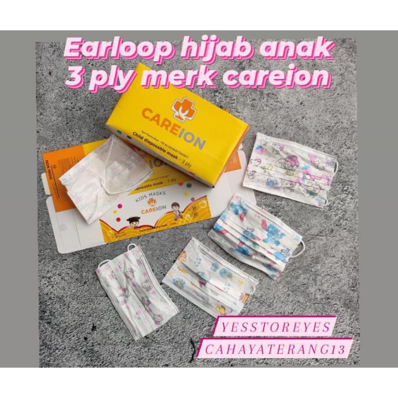 READY MASKER HIJAB HEADLOOP HIJAB / EARLOOP MOTIF ANAK CAREION CARE ION CEWEK COWOK BOY GIRL 3 PLY TALI PANJANG TALI SILANG