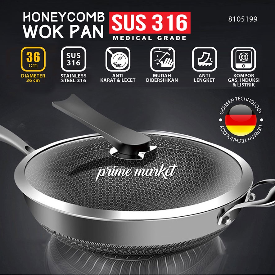 Honeycomb Stainless Steel Wok Pan/ Wajan Penggorengan Tinggi Anti Lengket Anti Gores Deep Wok  34 cm