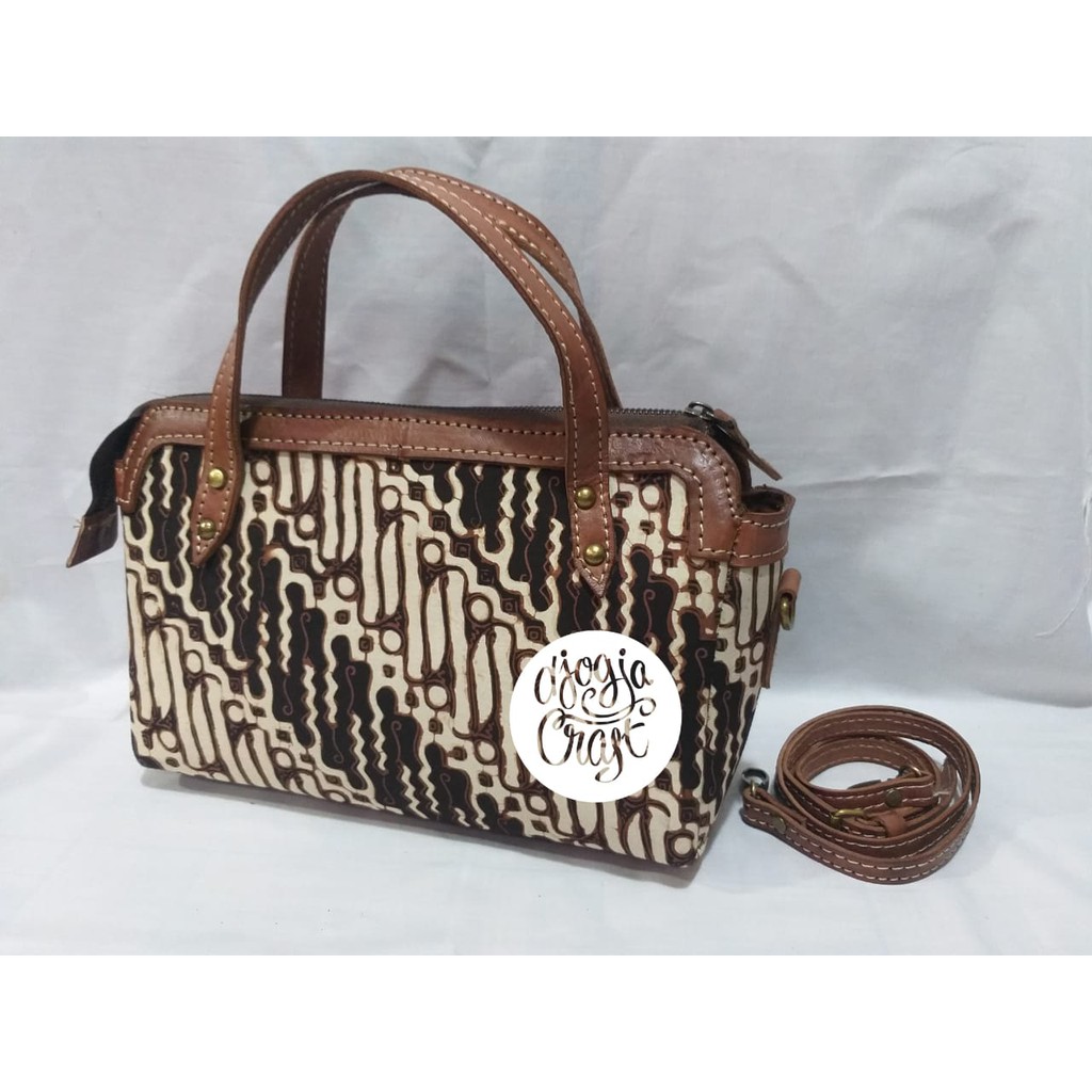 Tas Kulit Sapi Asli Wanita Selempang Tenteng Kombinasi Kain Batik