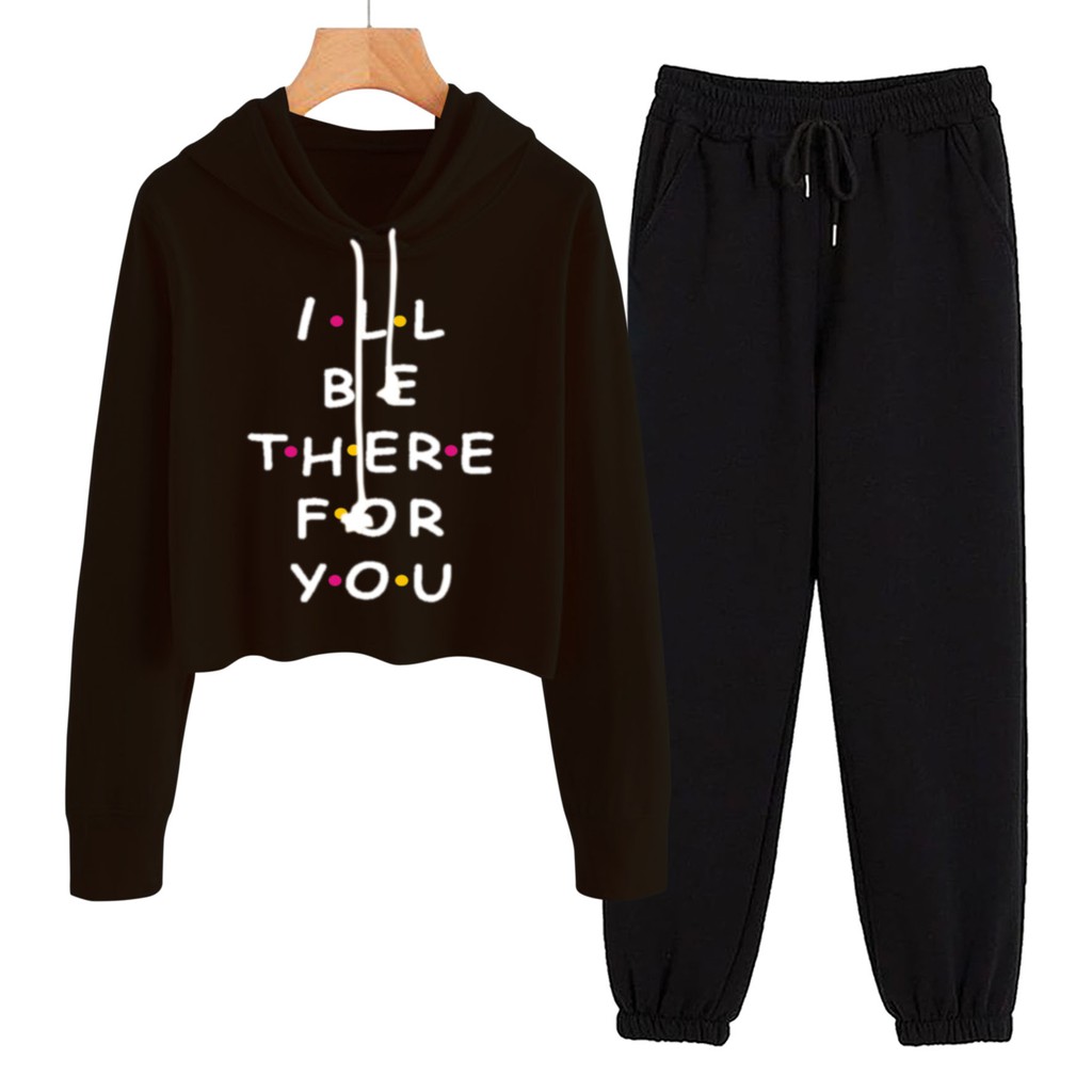 BESS - Baju Setelan Wanita Murah / Setelan Hoodie Crop + Jogger Hitam - I BE THERE