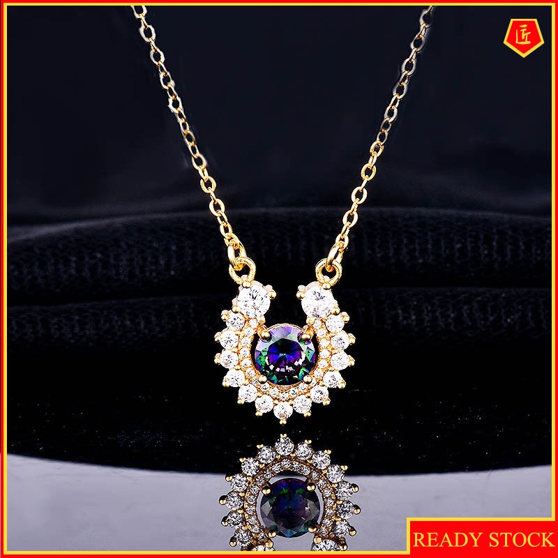 [Ready Stock]Horseshoe-Shaped Inlaid Diamond Pendant Gold Necklace