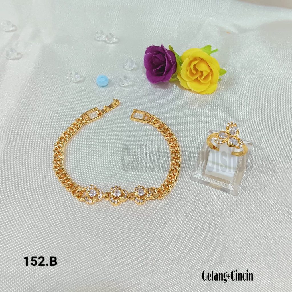 GELANG+CINCIN 3 MATA BUNGA SUPEL ELEGAN PERHIASAN EMAS KOREA ANTI KARAT DAN ANTI LUNTUR